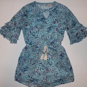 Light Blue Floral Shorts Romper Lined Crepe Smukke Sz 14 Elastic Waist Back Zip